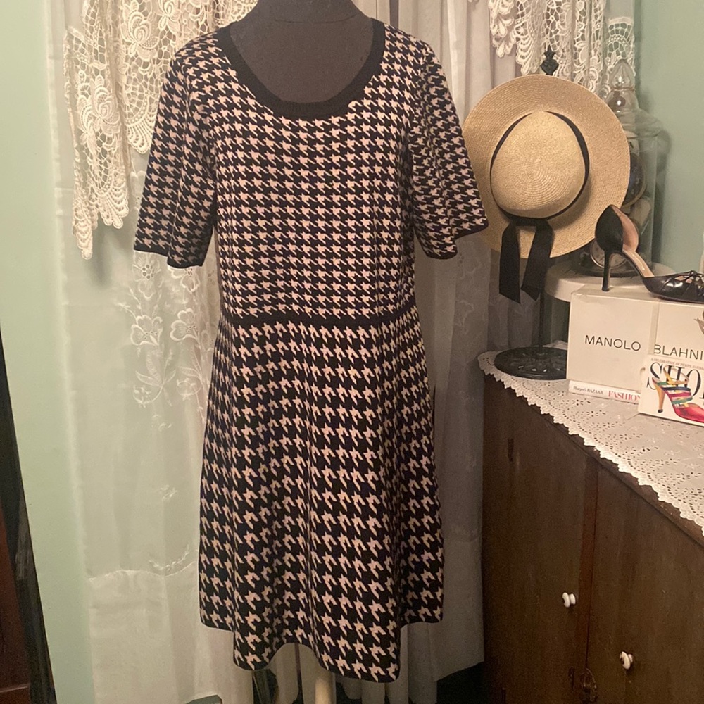 Taylor Woman Houndstooth Check Soft Stretchy Knit Dress Sz 1X Black Tan